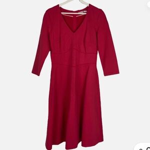 Boden Bryony Red V-Neck Midi Dress with ¾ Sleeves and Gold Zipper Detail
